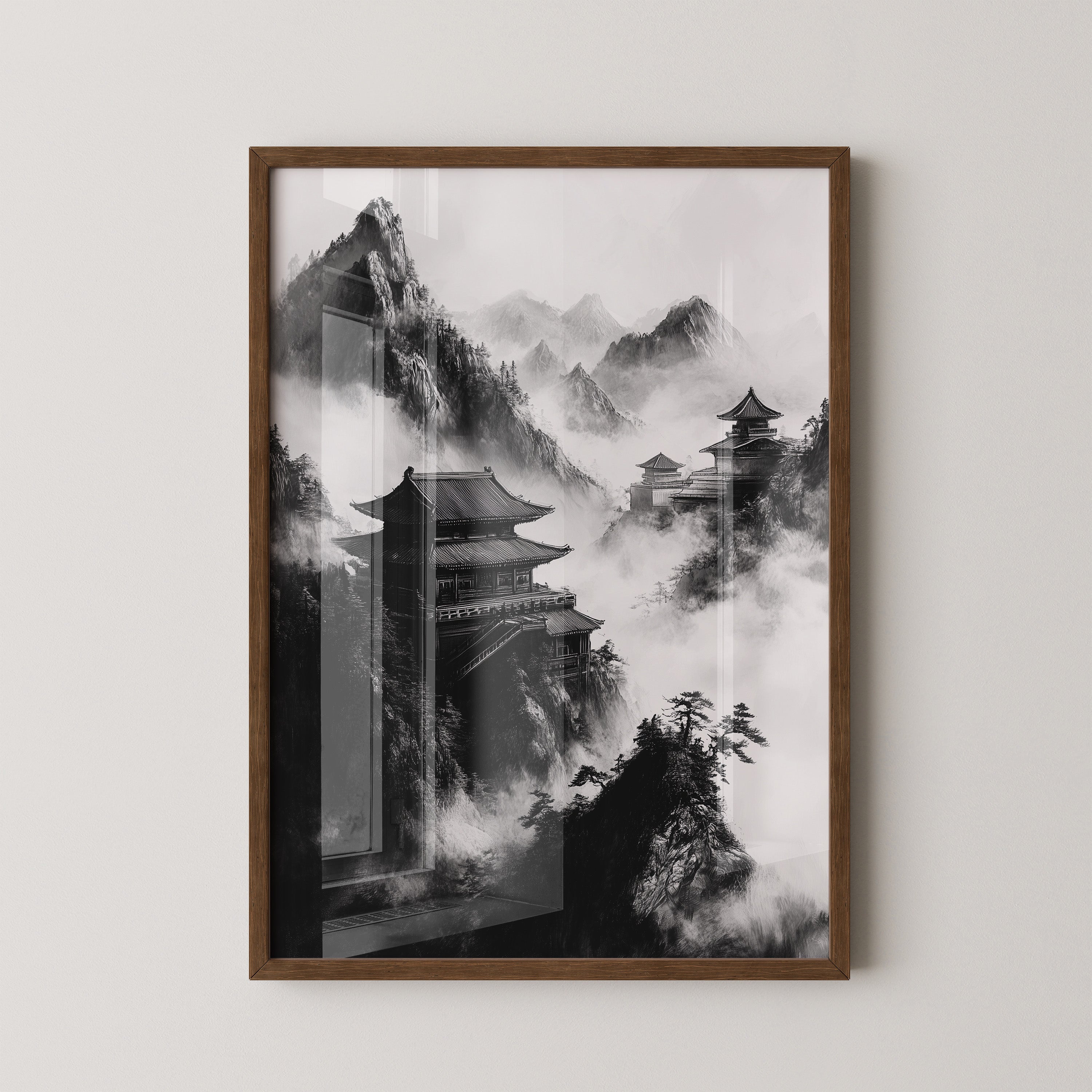 Tempel in Bergnebel S/W