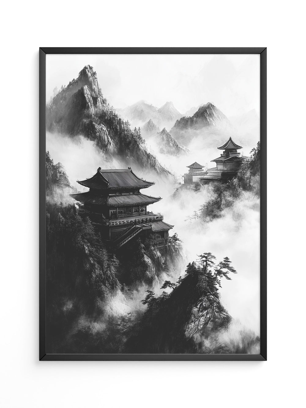 Tempel in Bergnebel S/W