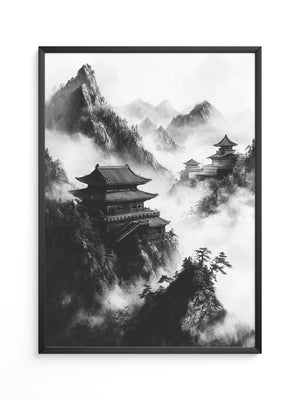 Tempel in Bergnebel S/W