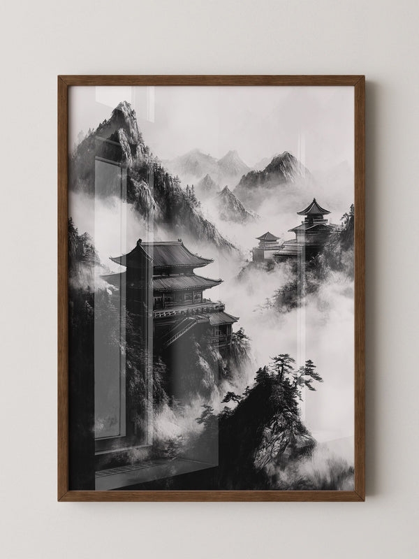 Tempel in Bergnebel S/W