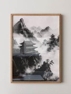 Tempel in Bergnebel S/W