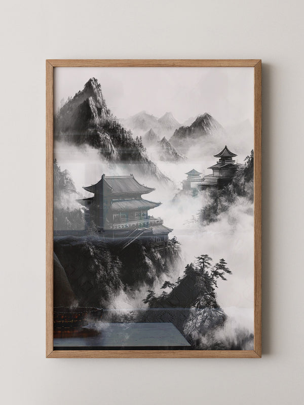Tempel in Bergnebel S/W