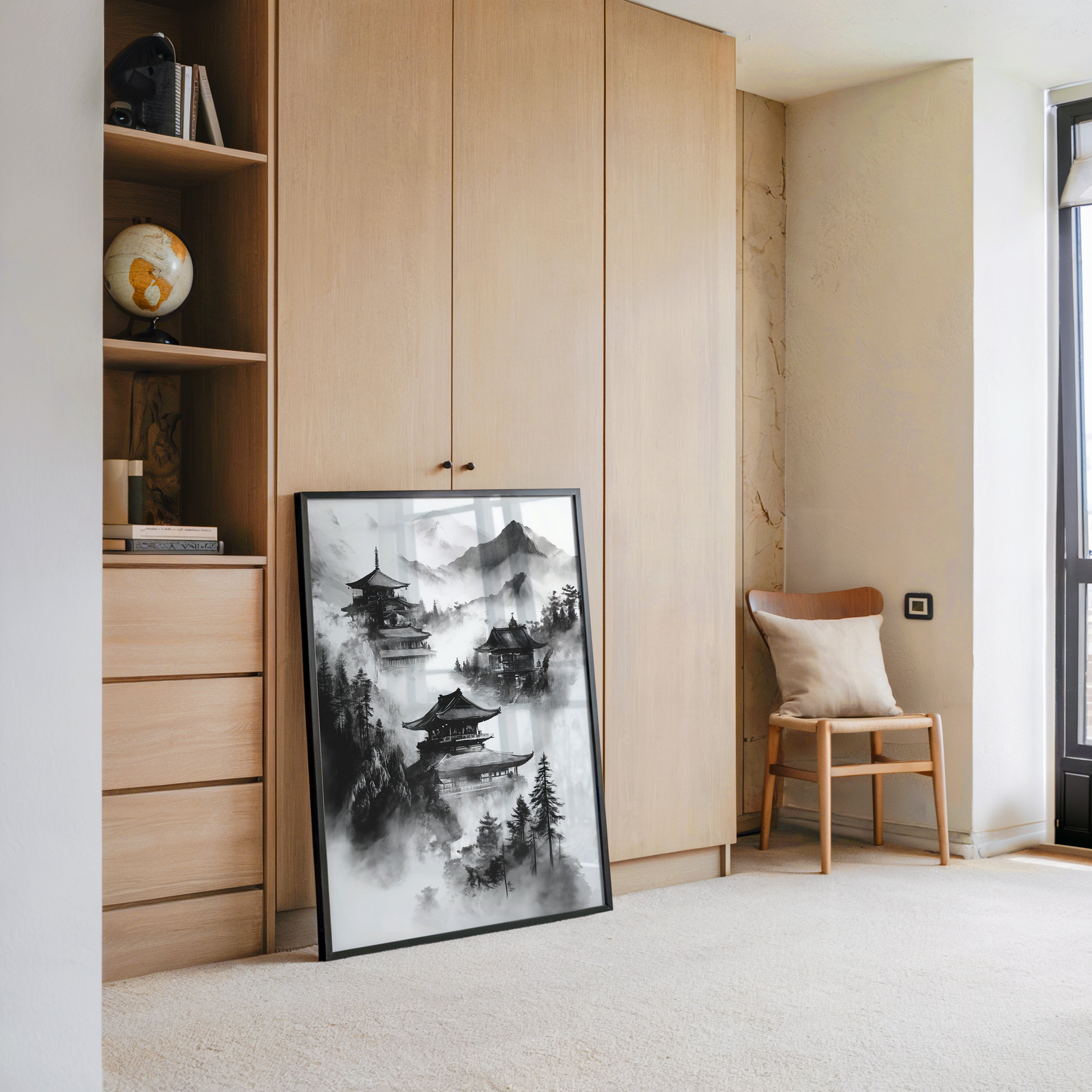 Tempel in nebligen Bergen S/W