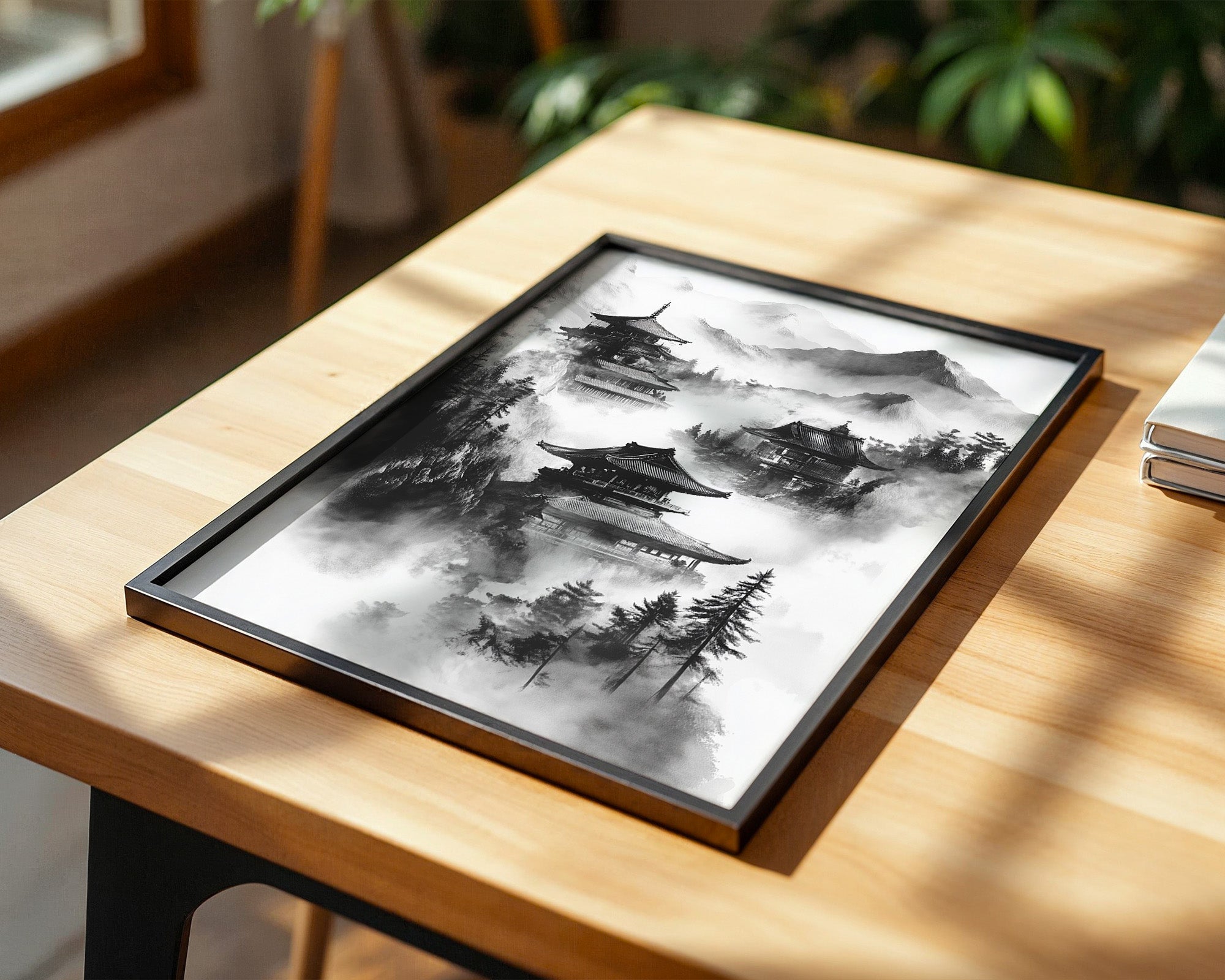 Tempel in nebligen Bergen S/W