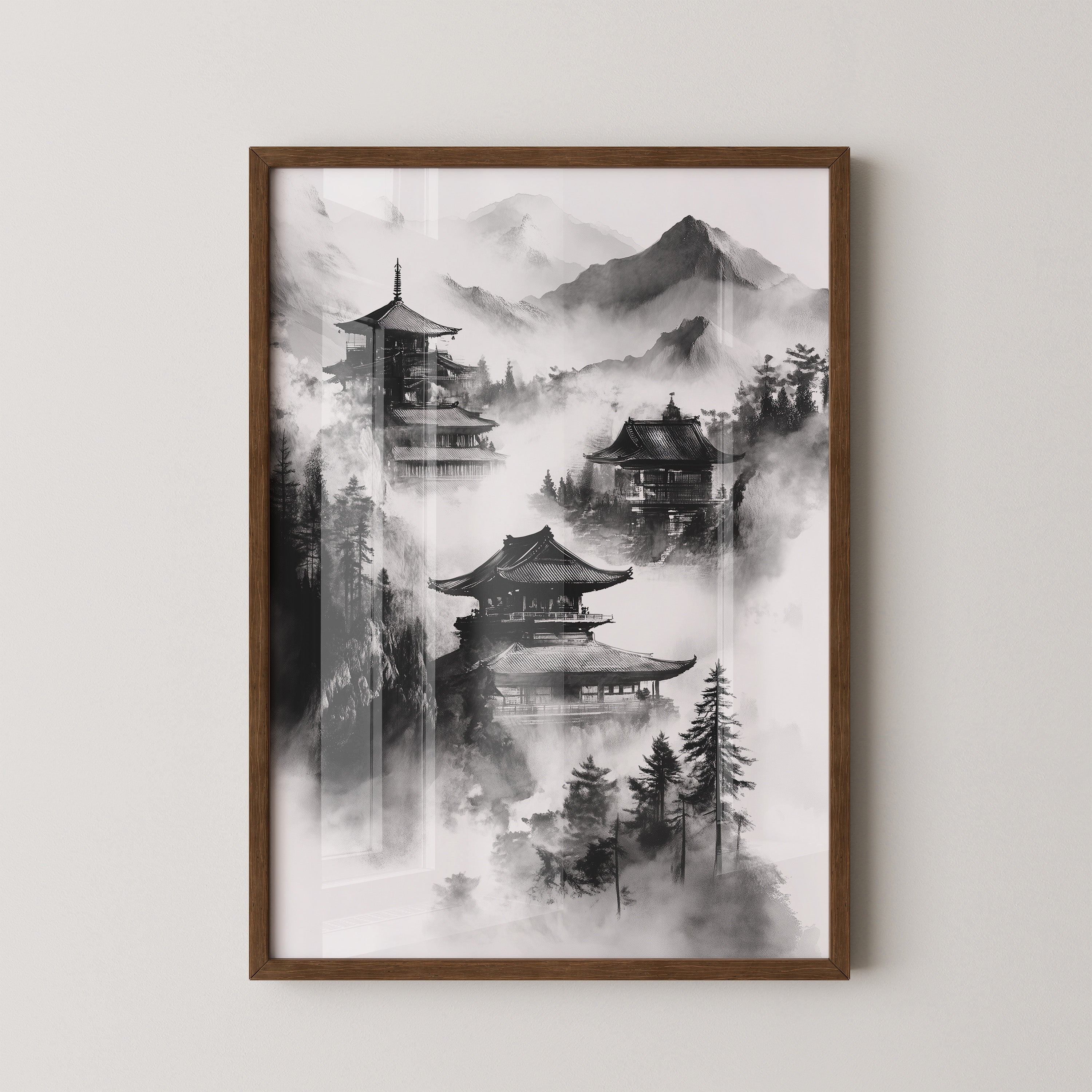 Tempel in nebligen Bergen S/W