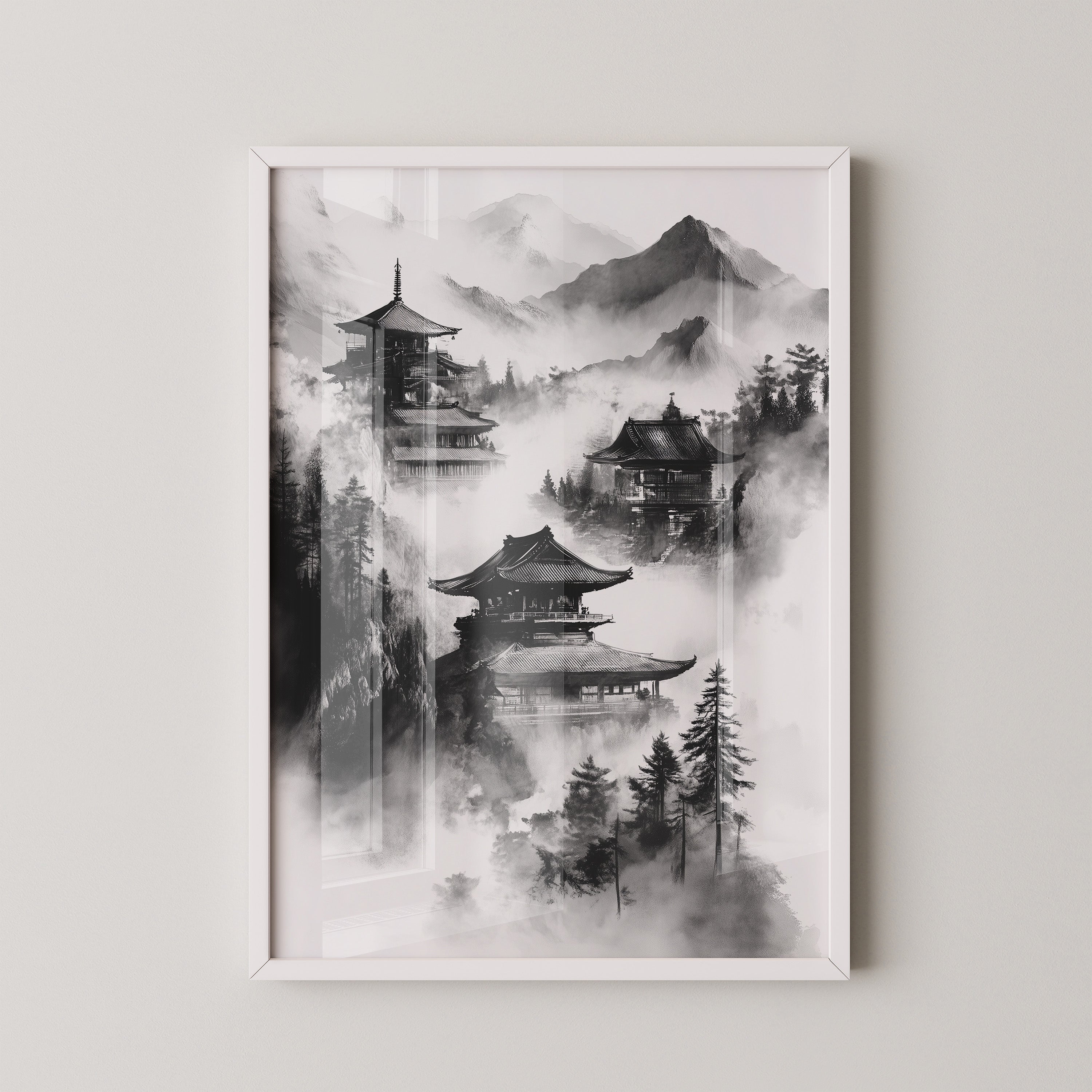 Tempel in nebligen Bergen S/W