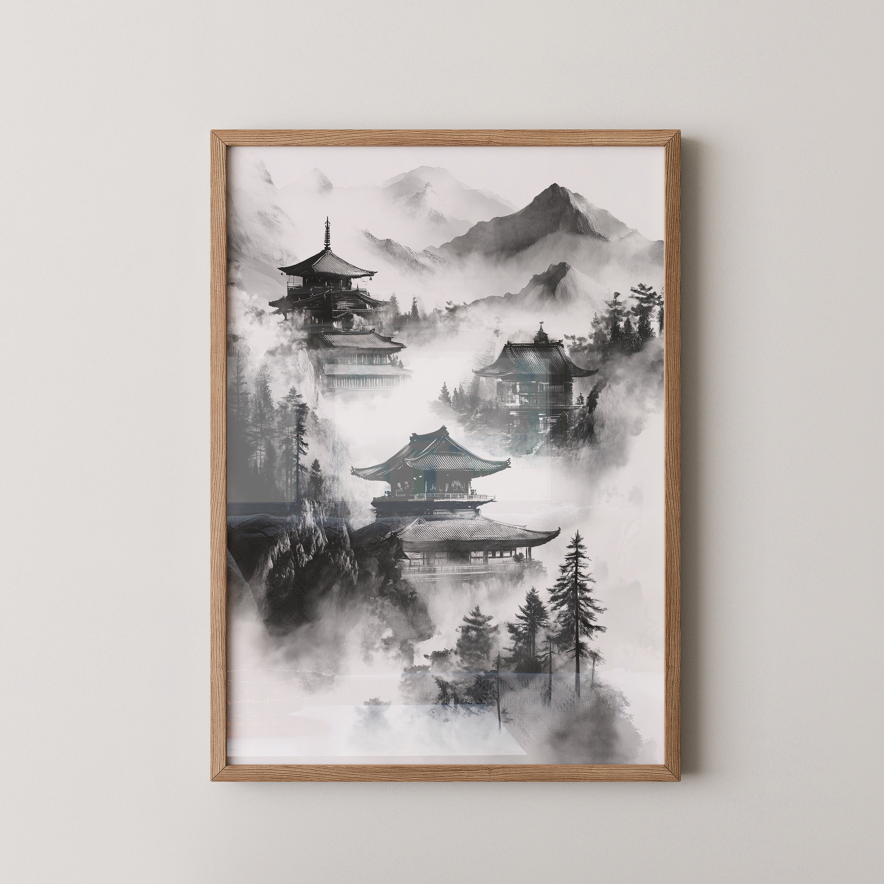 Tempel in nebligen Bergen S/W