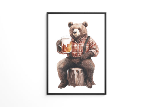 Bär mit Bier in Holzfällerhemd