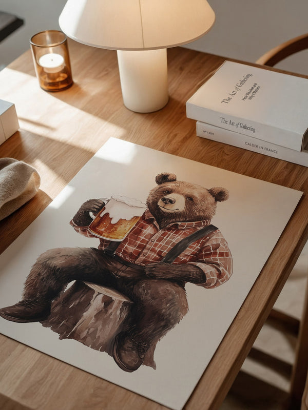 Bär mit Bier in Holzfällerhemd