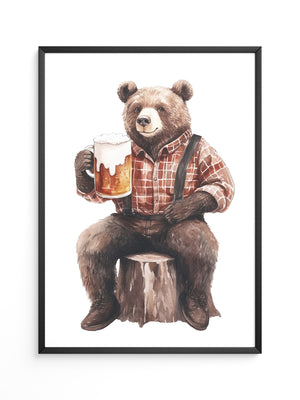 Bär mit Bier in Holzfällerhemd