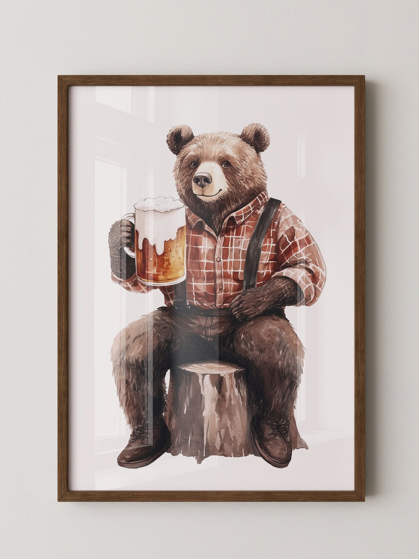 Bär mit Bier in Holzfällerhemd