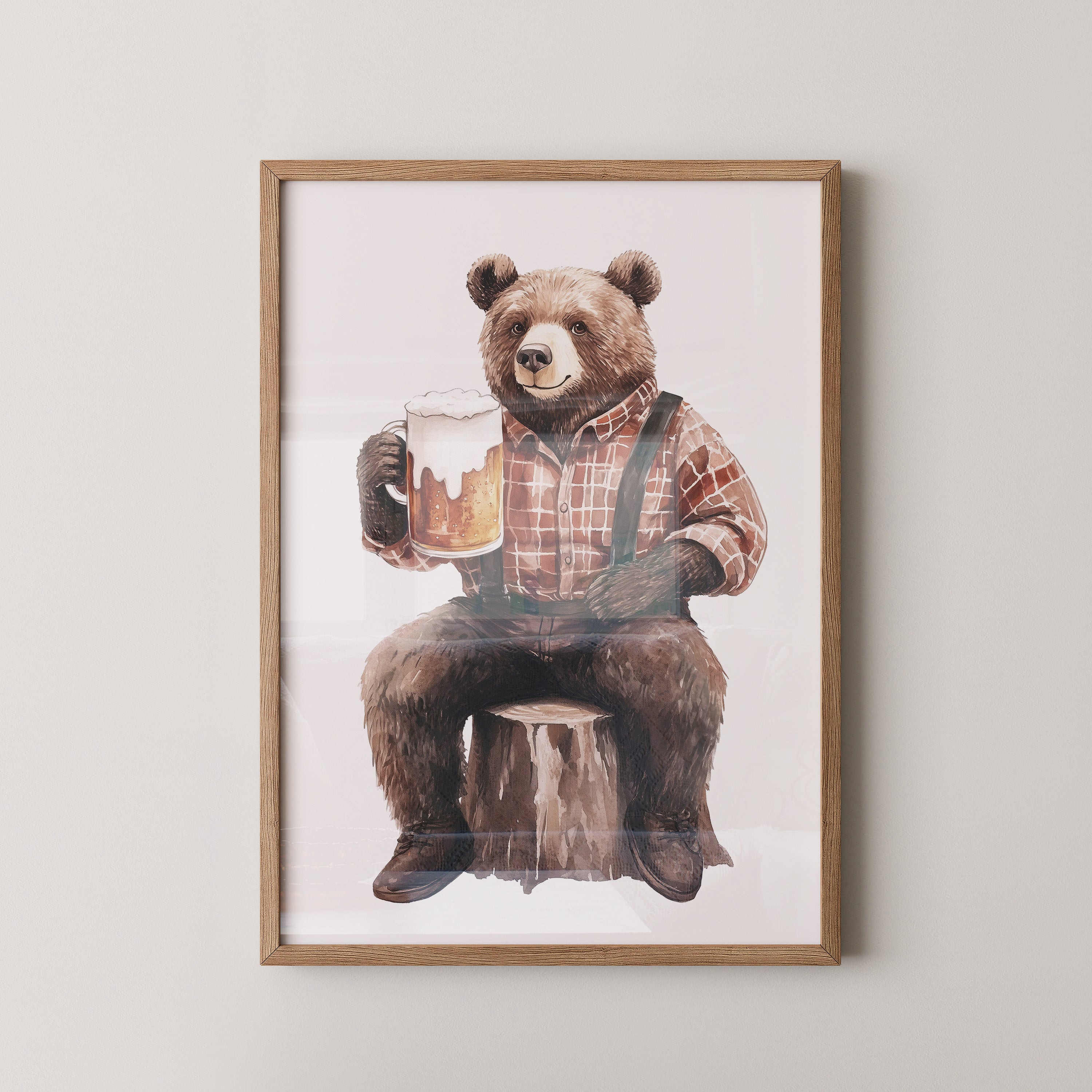 Bär mit Bier in Holzfällerhemd