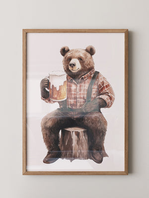 Bär mit Bier in Holzfällerhemd