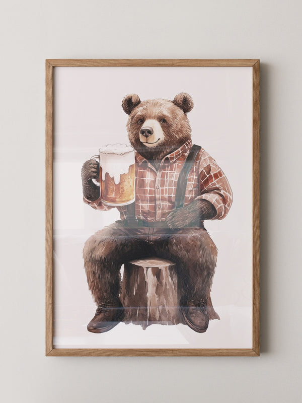 Bär mit Bier in Holzfällerhemd