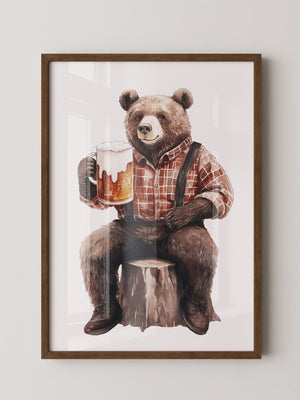 Bär mit Bier in Holzfällerhemd