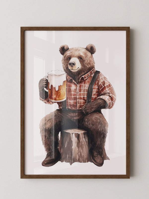 Bär mit Bier in Holzfällerhemd