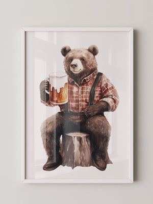 Bär mit Bier in Holzfällerhemd
