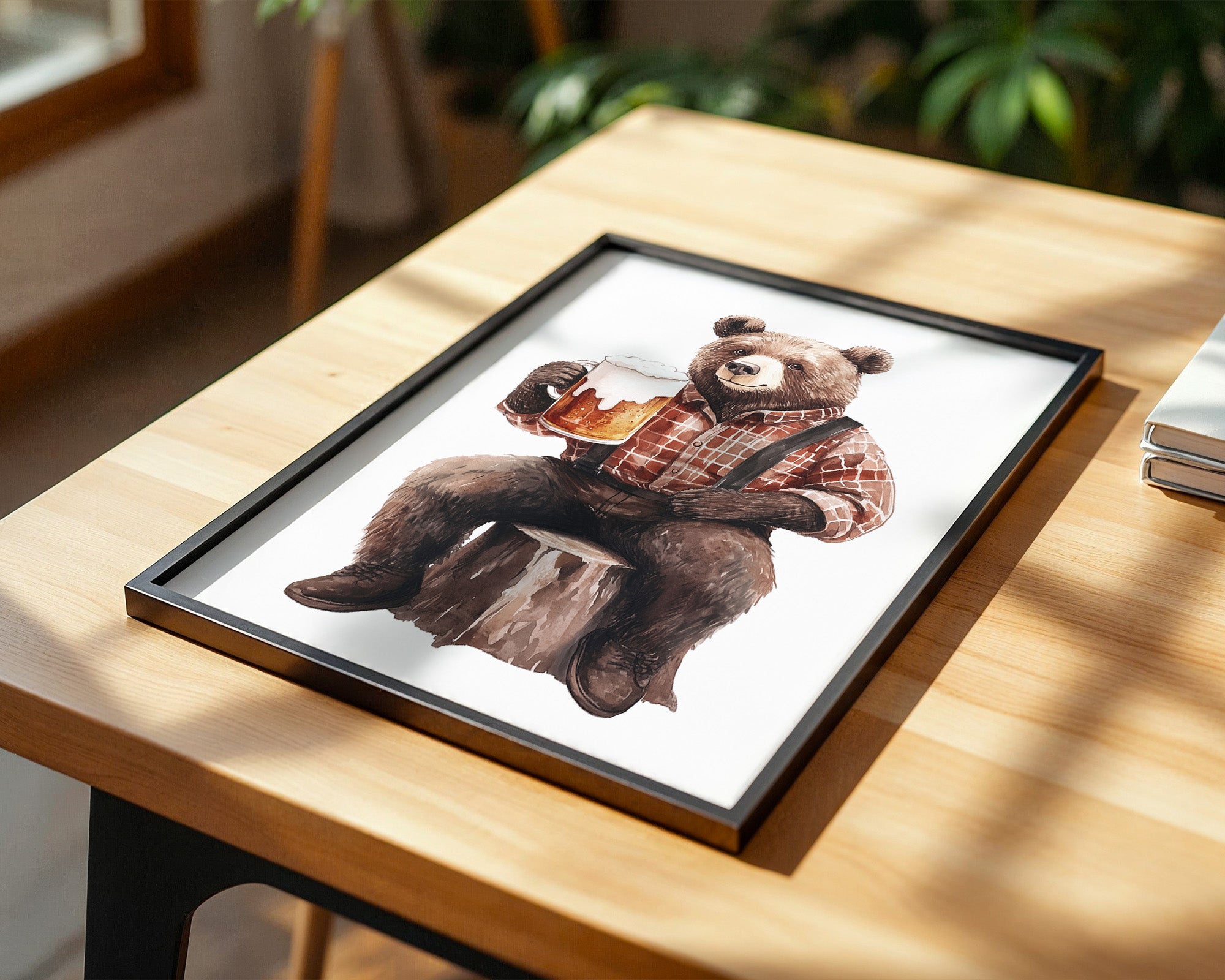 Bär mit Bier in Holzfällerhemd