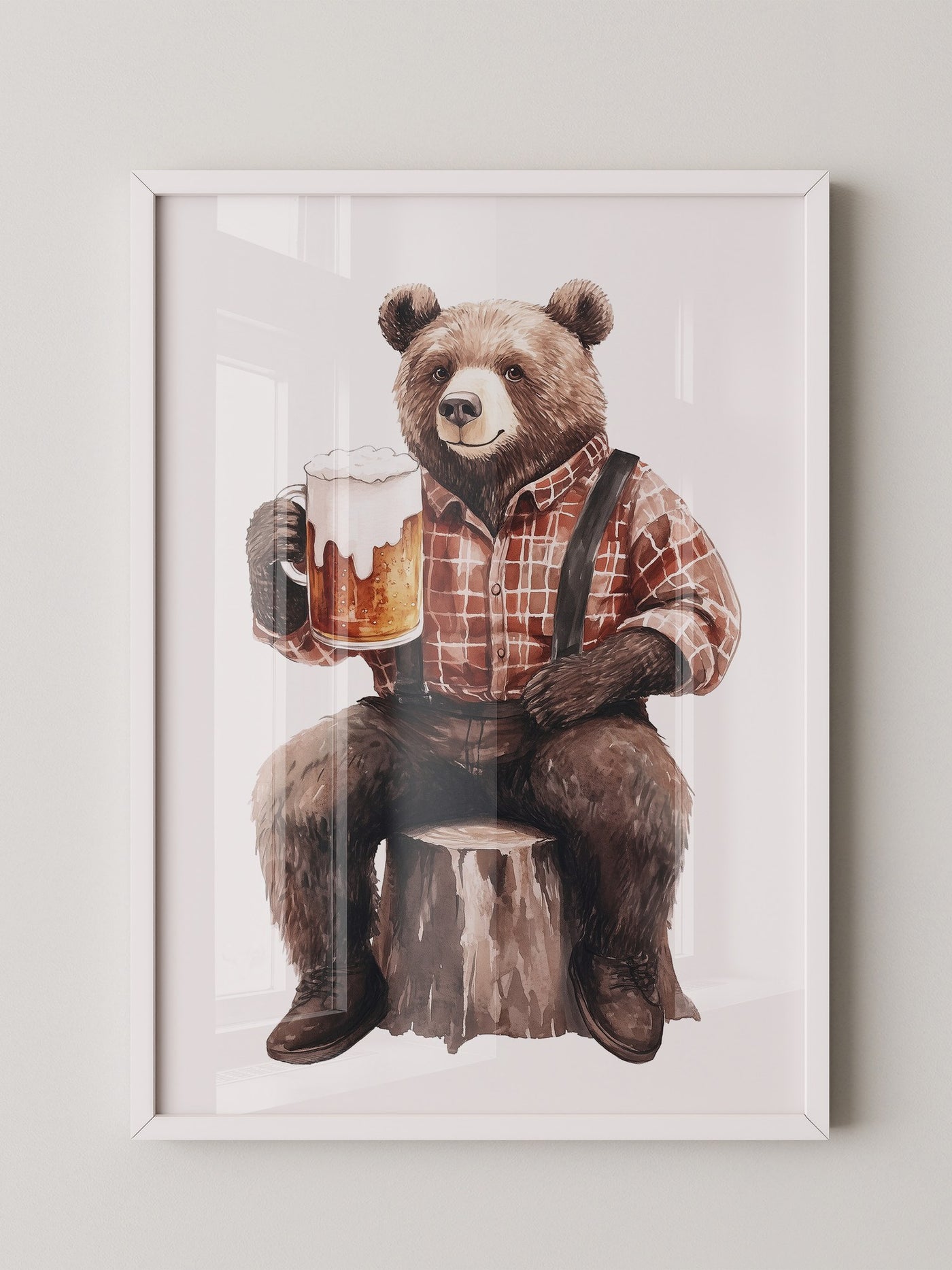 Bär mit Bier in Holzfällerhemd