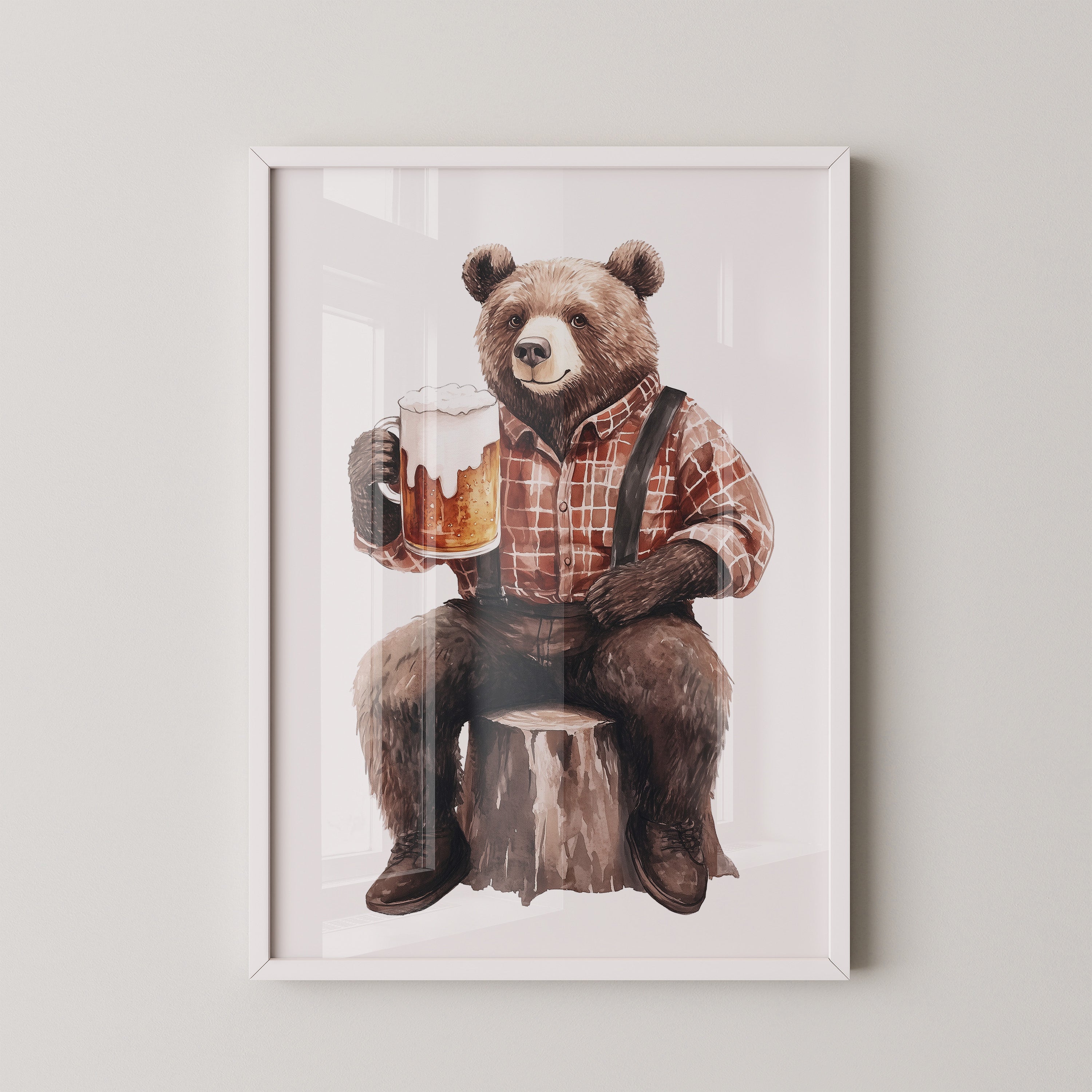 Bär mit Bier in Holzfällerhemd