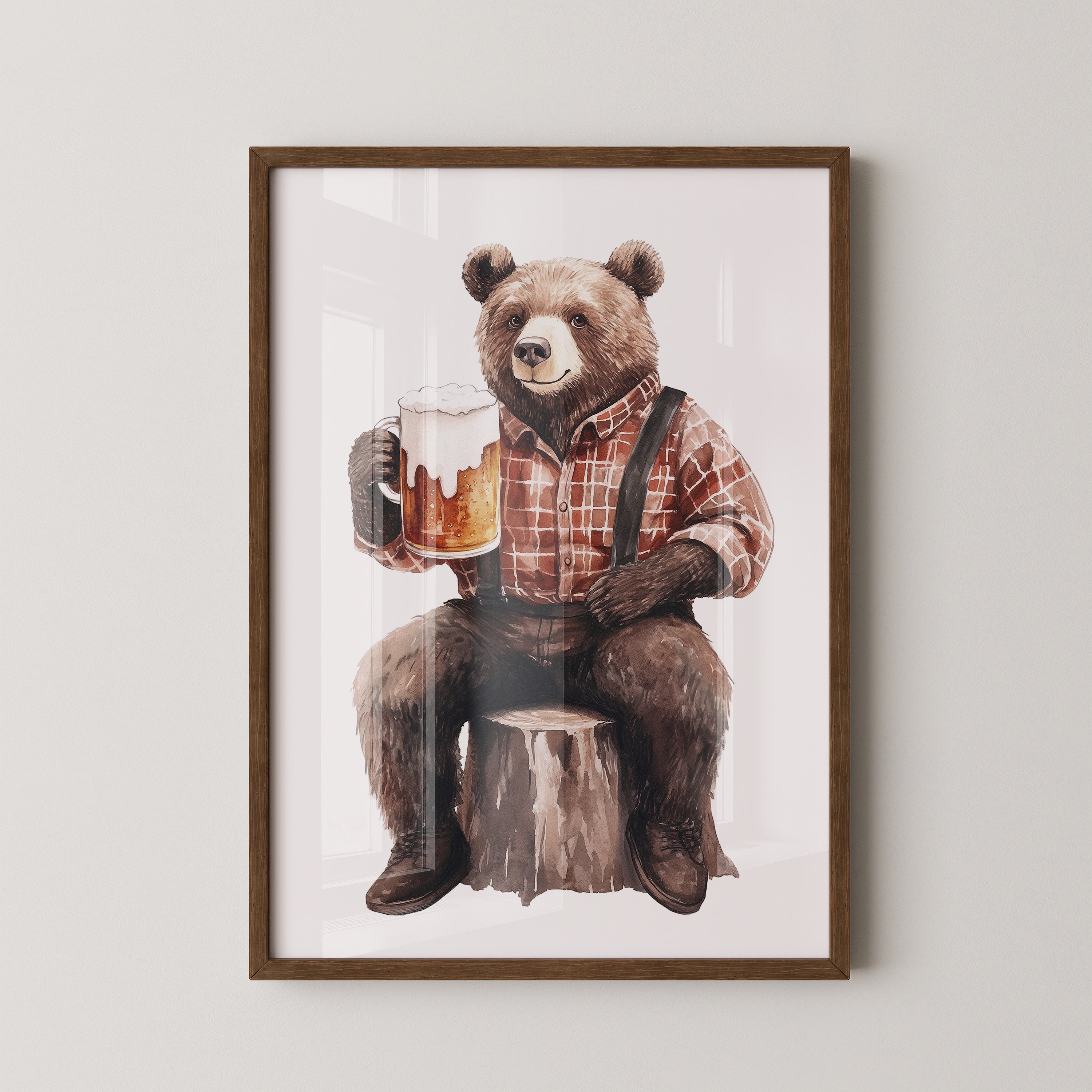 Bär mit Bier in Holzfällerhemd