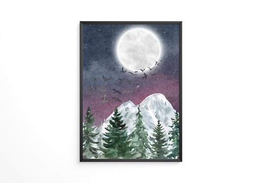 Vollmond über schneebedeckten Tannen