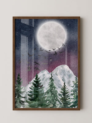 Vollmond über schneebedeckten Tannen