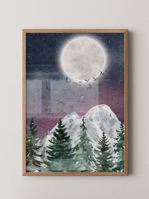 Vollmond über schneebedeckten Tannen