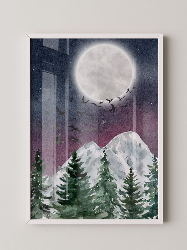 Vollmond über schneebedeckten Tannen