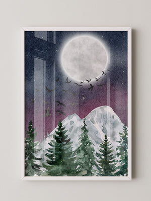 Vollmond über schneebedeckten Tannen