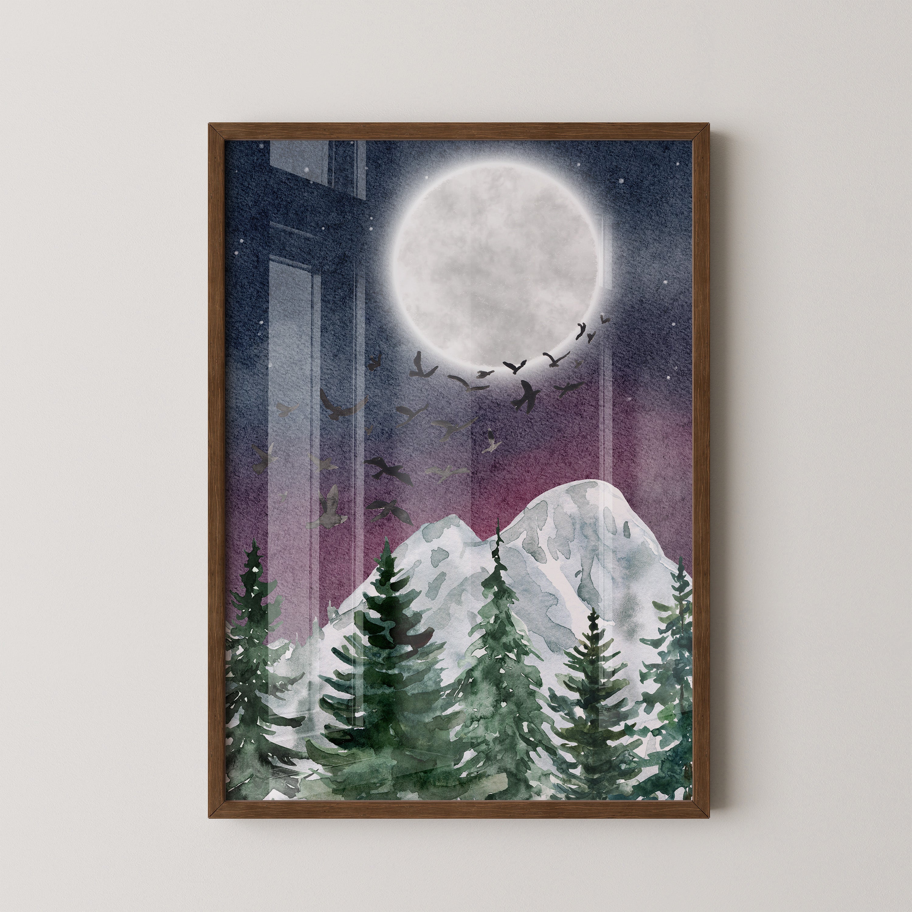 Vollmond über schneebedeckten Tannen