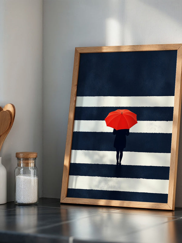 Roter Regenschirm Zebrastreifen