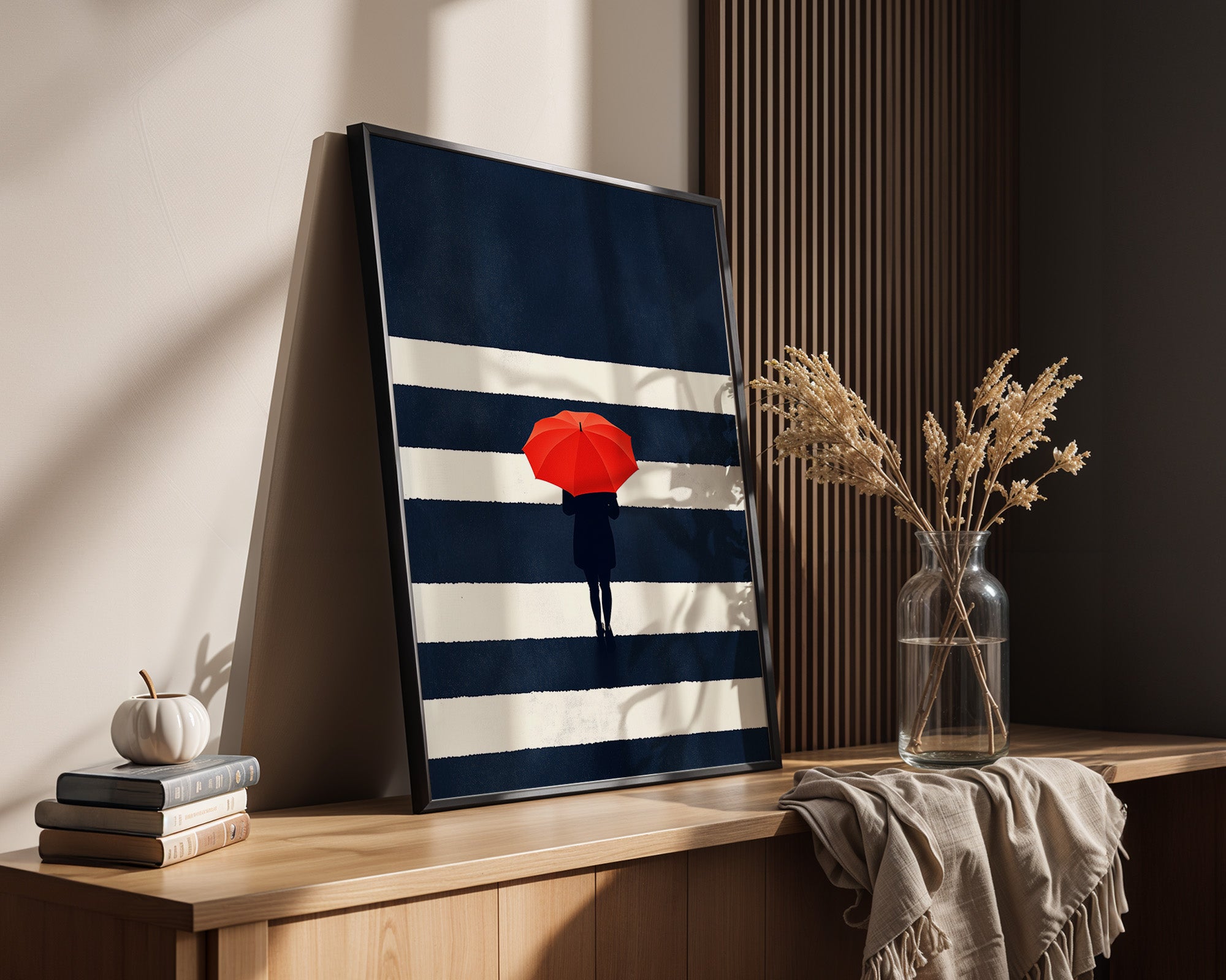 Roter Regenschirm Zebrastreifen