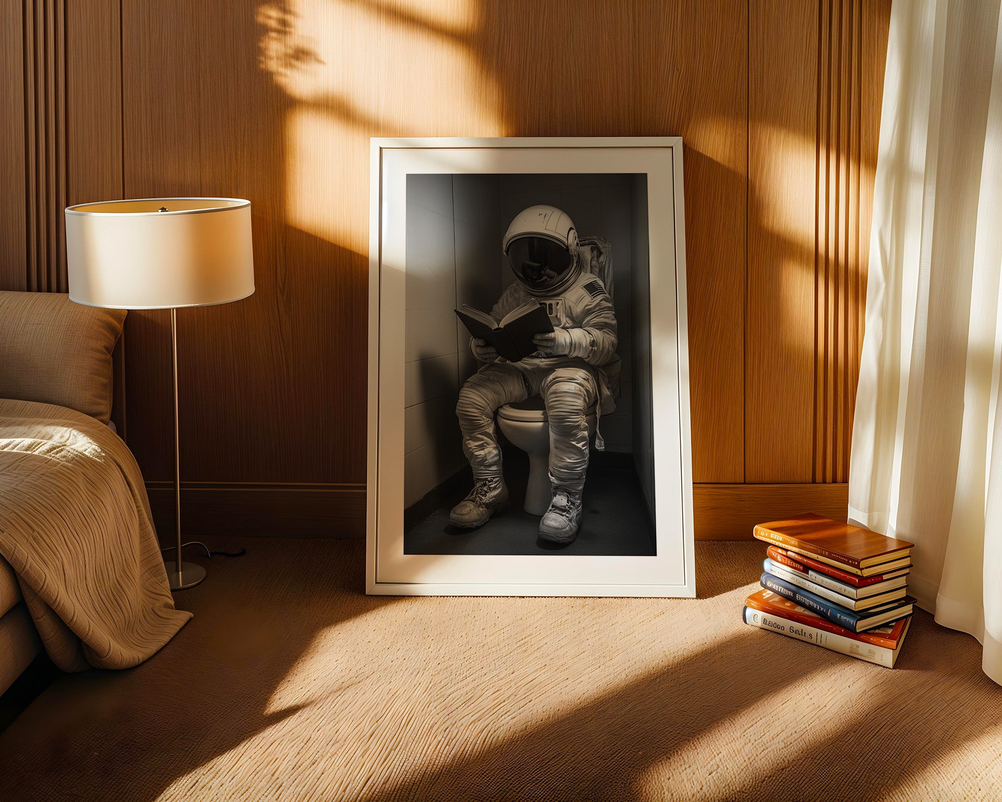 Astronaut WC liest Buch Schwarzweiß