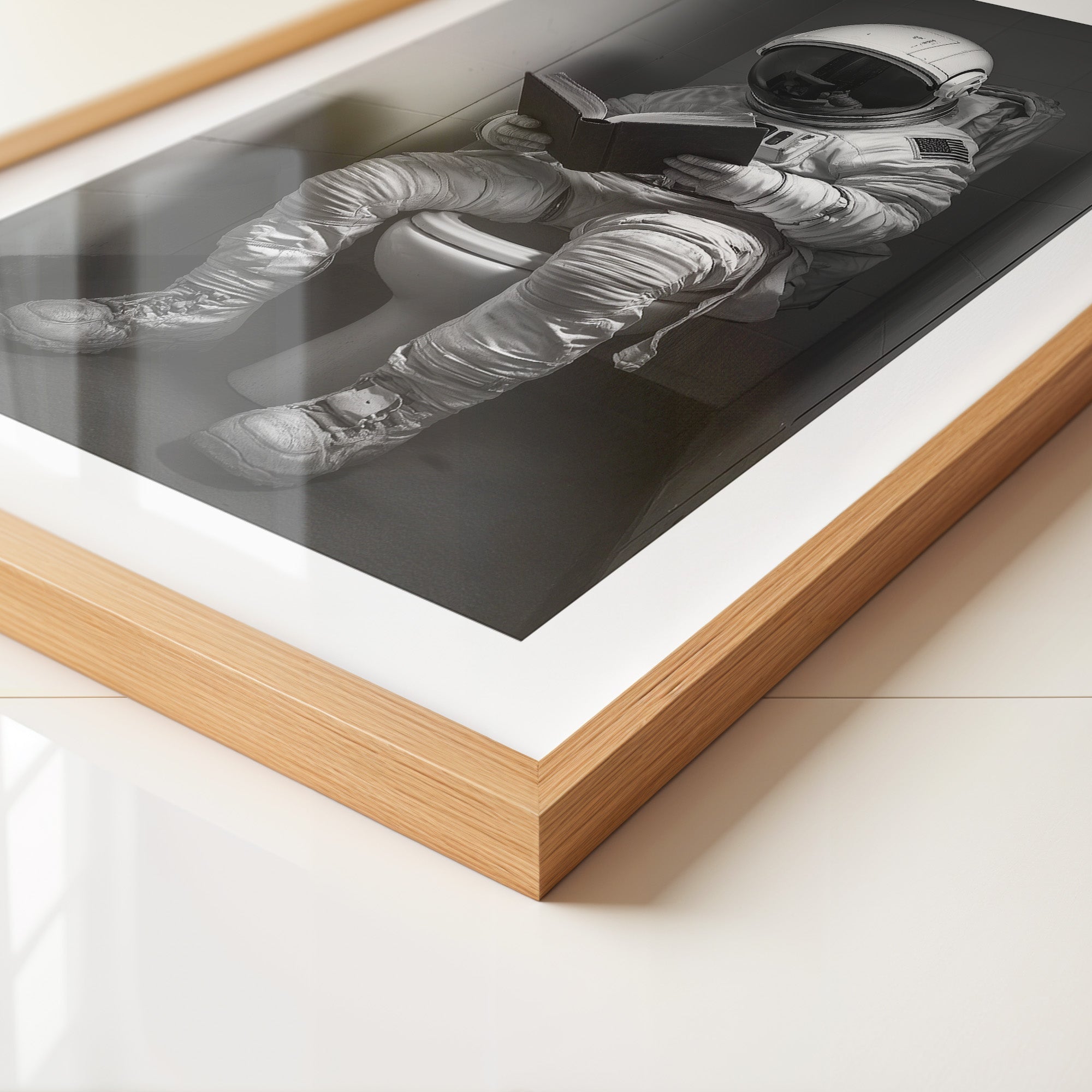 Astronaut WC liest Buch Schwarzweiß