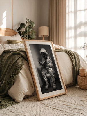 Astronaut WC liest Buch Schwarzweiß