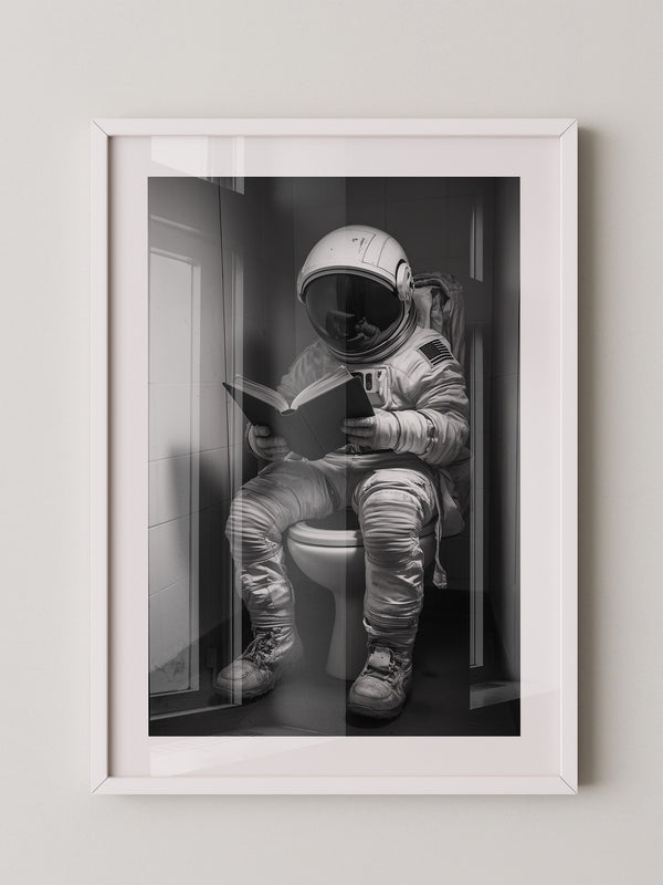 Astronaut WC liest Buch Schwarzweiß