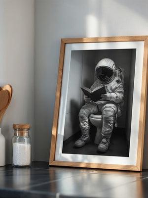 Astronaut WC liest Buch Schwarzweiß
