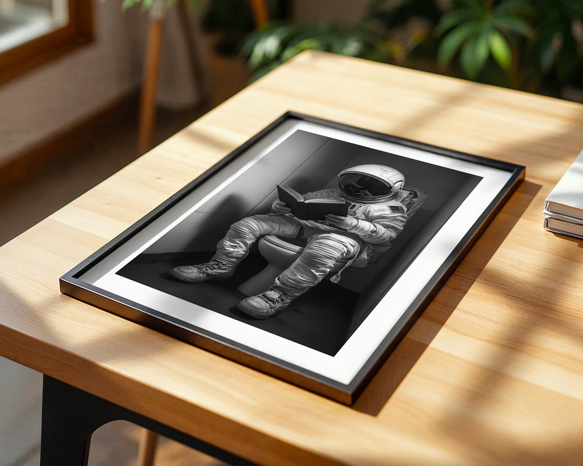 Astronaut WC liest Buch Schwarzweiß