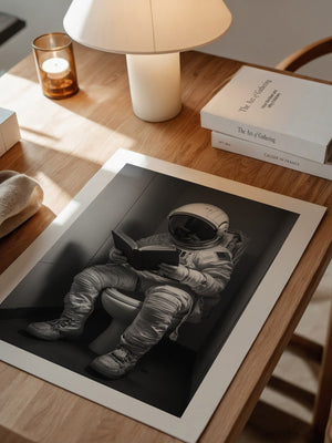Astronaut WC liest Buch Schwarzweiß
