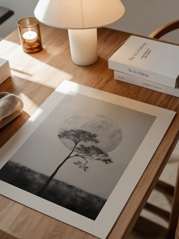 Baum vor Mond Schwarzweiß