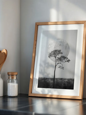 Baum vor Mond Schwarzweiß