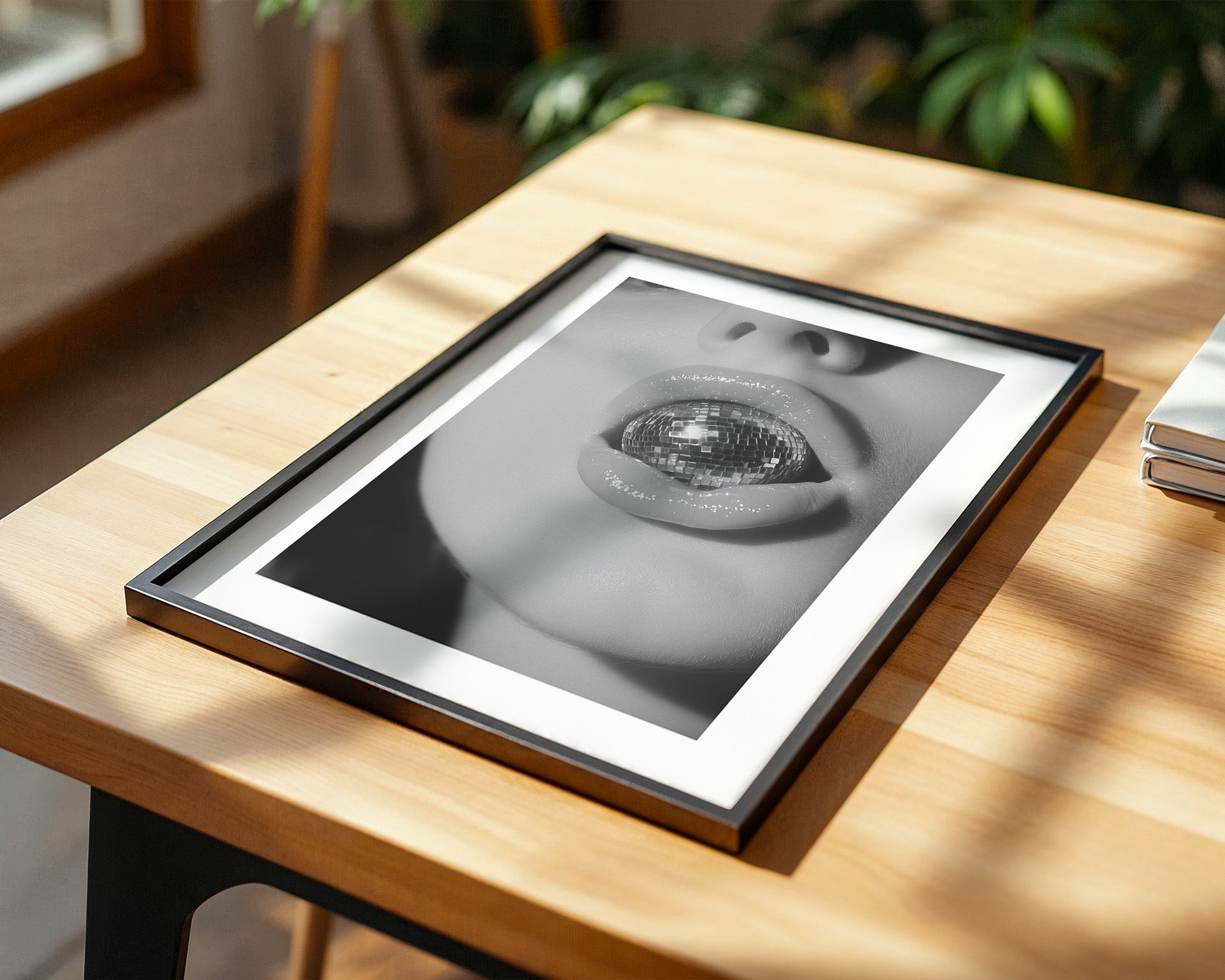 Diskokugel Mund Glanz Schwarzweiß