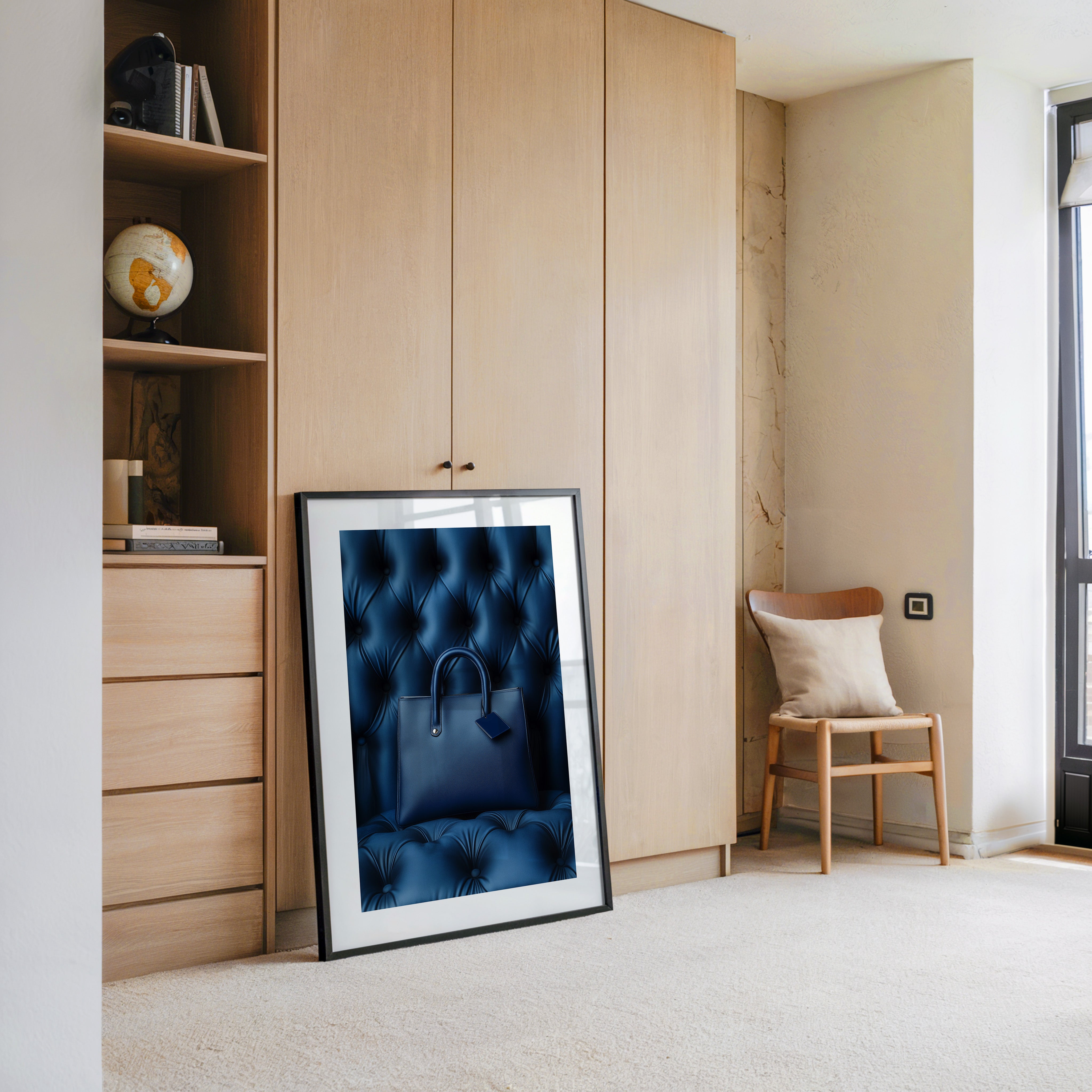 Blaue Tasche auf Polsterquadraten