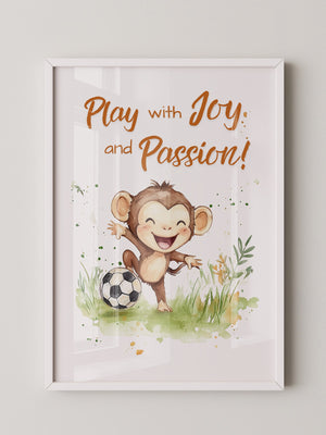 Spielender Affe mit Fußball – Aquarell-Illustration für Kinder