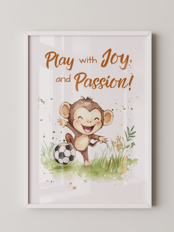 Spielender Affe mit Fußball – Aquarell-Illustration für Kinder