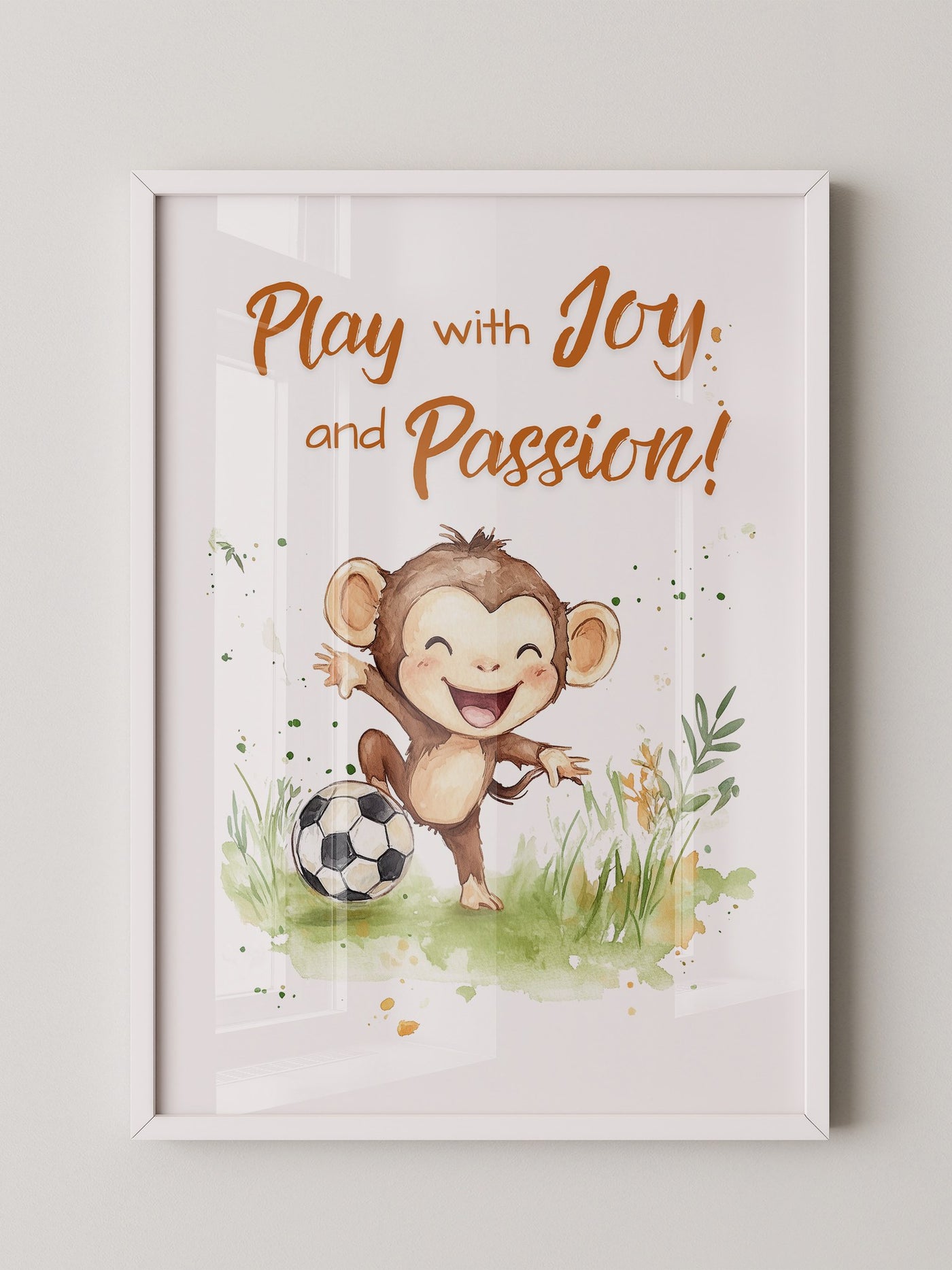 Spielender Affe mit Fußball – Aquarell-Illustration für Kinder