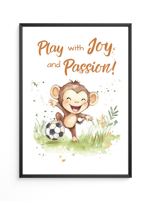 Spielender Affe mit Fußball – Aquarell-Illustration für Kinder