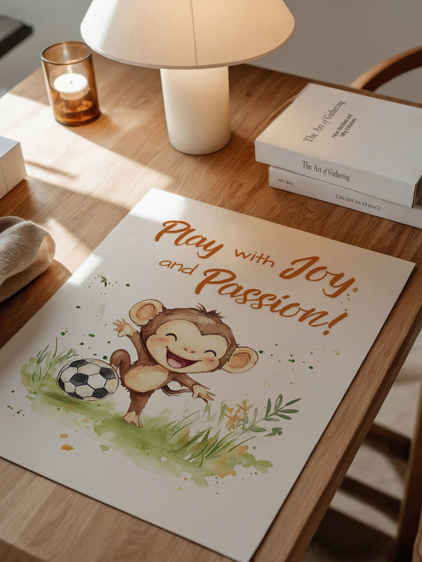 Spielender Affe mit Fußball – Aquarell-Illustration für Kinder