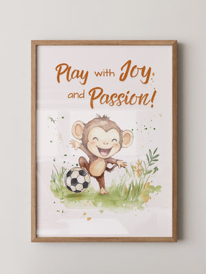 Spielender Affe mit Fußball – Aquarell-Illustration für Kinder